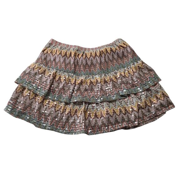 Y2K Vanity L Tiered Mini Skirt Boho Sequin Zigzag Print Ruffle Layered Womens - Picture 2 of 7